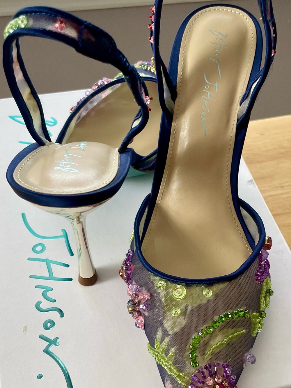 Betsey Johnson “Velma” Navy Mesh Embellished Slingback Heels